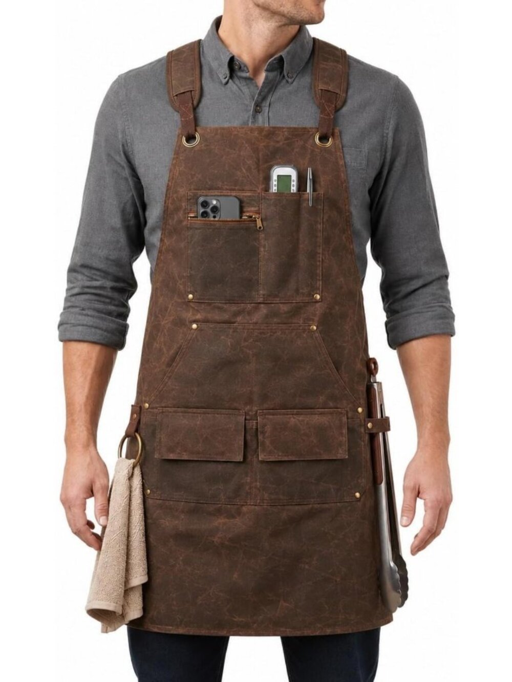 Heavy Duty Water Resistant BBQ & Chef Apron for Men - Waxed Canvas with Pockets